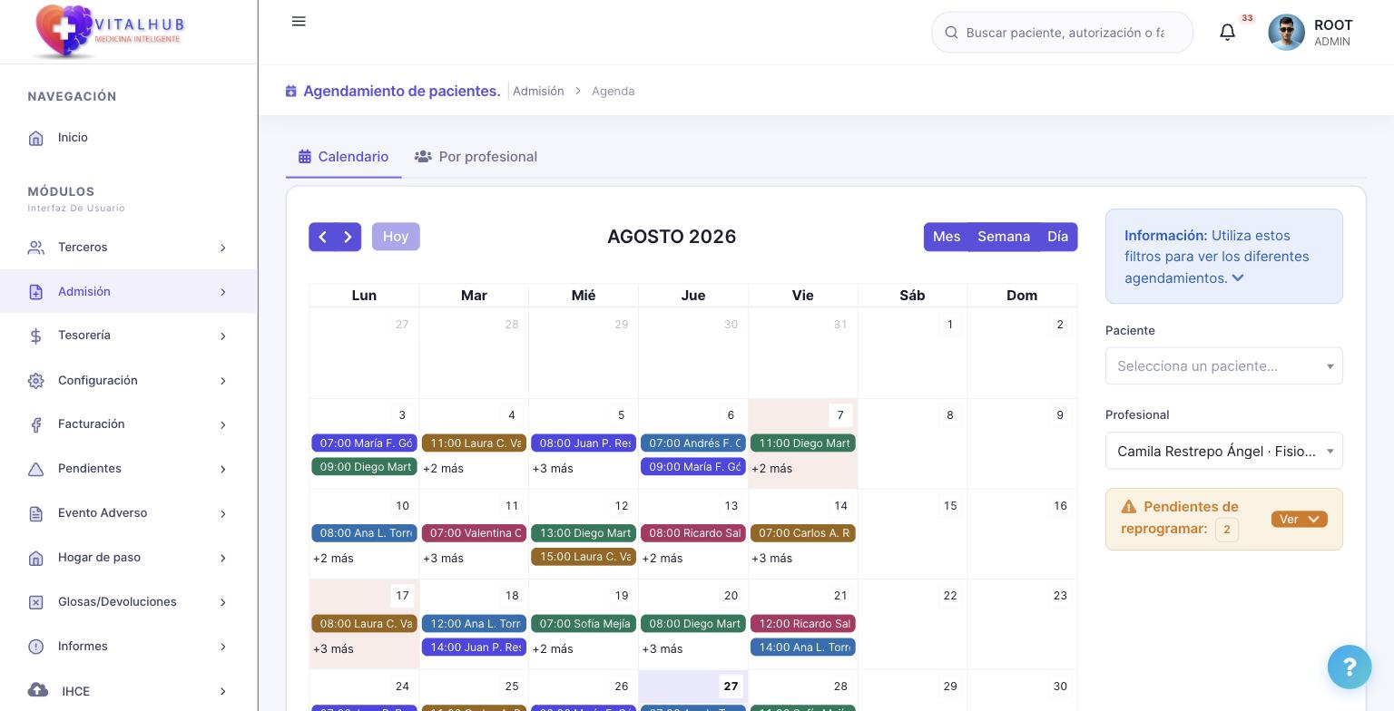 Agenda de programación mensual por profesional