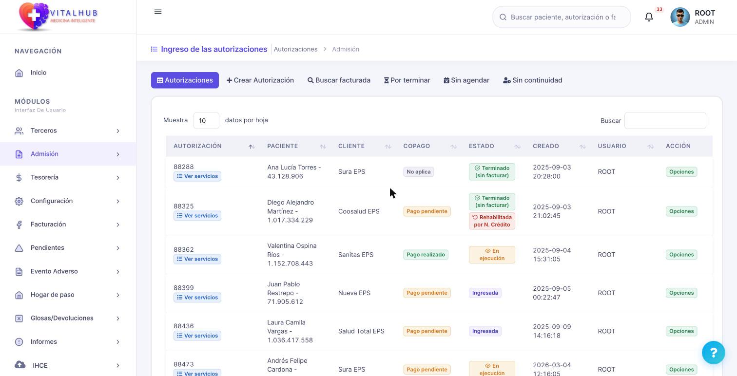 Módulo de autorizaciones de VitalHub: estado de cada OPS, copago y entidad responsable